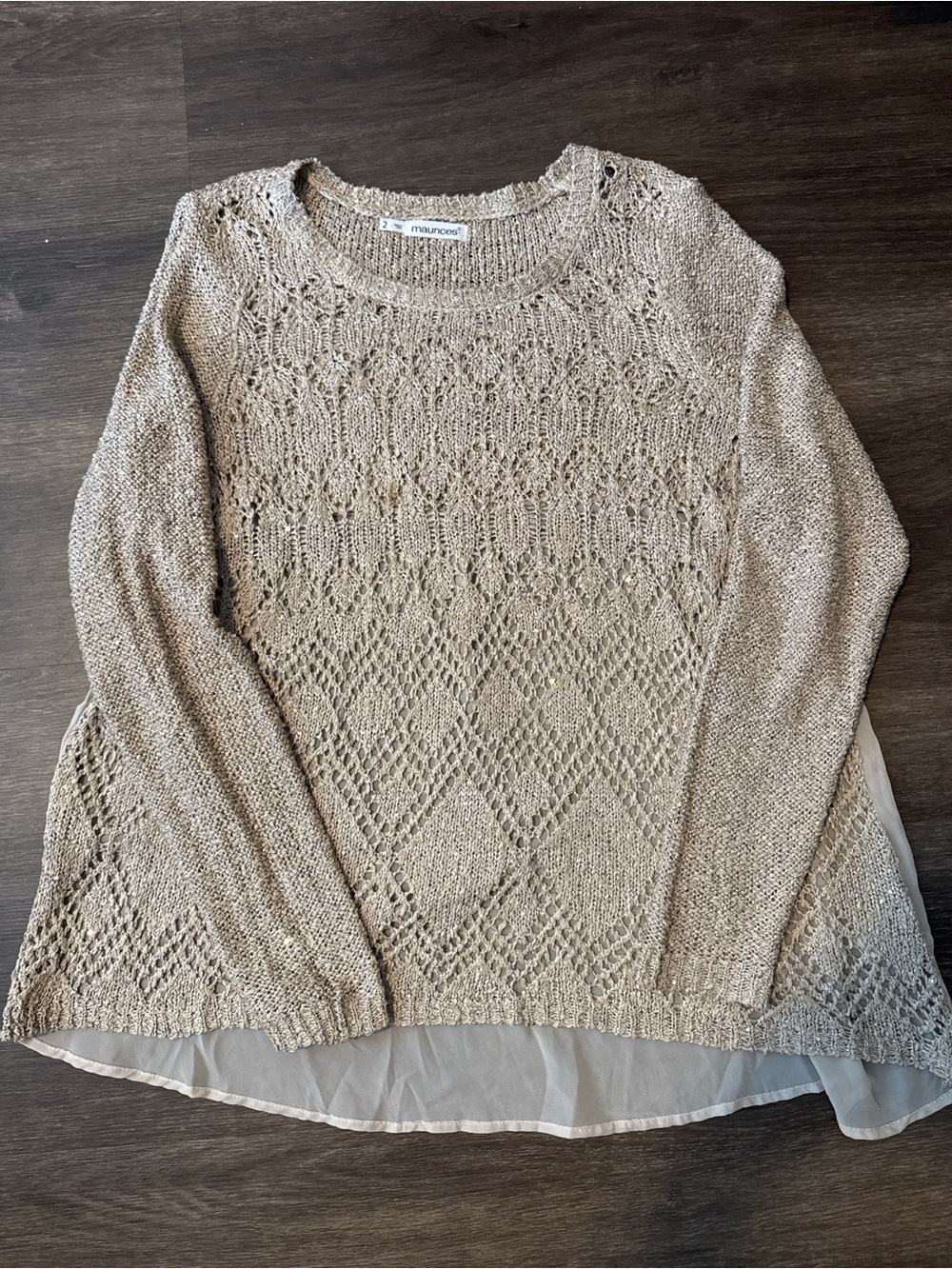 Maurices Beige Cream Open-Knit Sweater with Sheer Layered Hem